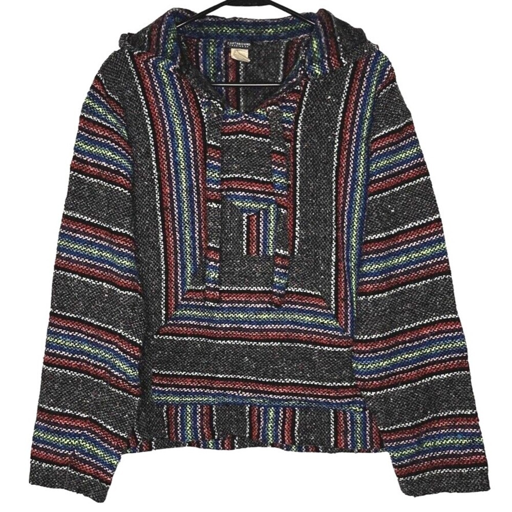 Earthbound Men Sweatshirt Small Black Stripe Baja Blanket Hooded Pullover Hippie